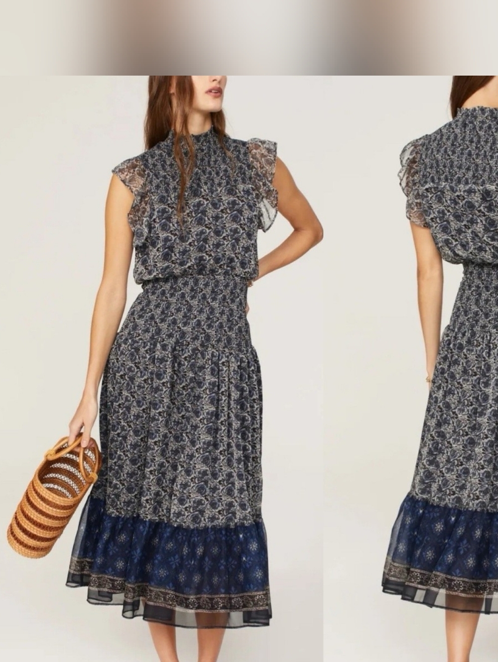 Aqua Bloomingdales Floral Ruffled Navy Midi Dress Small